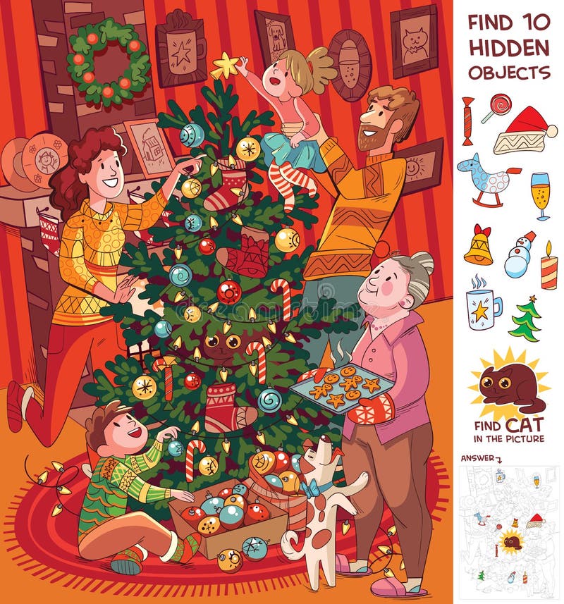 Familia decora el árbol de navidad. buscar 10 objetos ocultos en la p