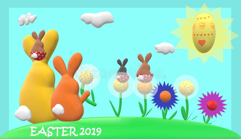 Familia del conejo de Pascua, flores, sol, huevo de Pascua con el marco azul del fondo azul claro y subtítulo de ‘pascua 2019 ‘ stock de ilustración Familia del conejo de Pascua, flores, sol, huevo de Pascua con el marco azul del fondo azul claro y subtítulo de ‘pascua 2019 ‘ stock de ilustración