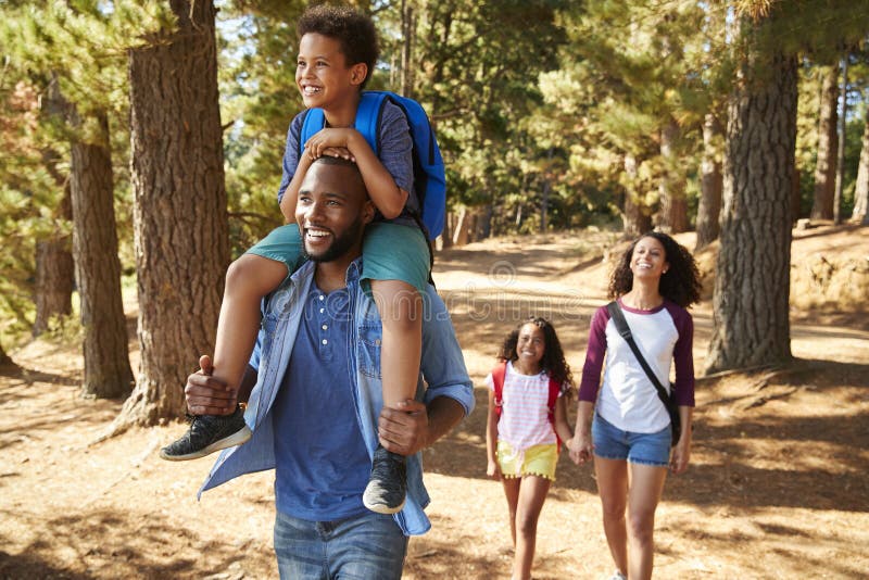 Familia en caminar aventura a través del bosque fotografía de archivo libre de regalías