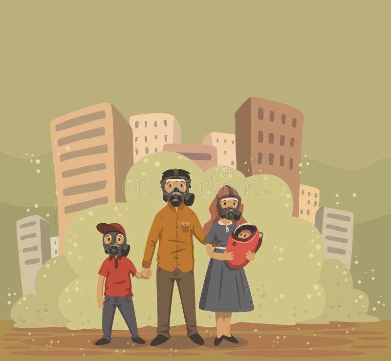 Familia en caretas antigás en fondo de la ciudad de la niebla con humo Problemas ambientales, contaminación atmosférica Ejemplo p stock de ilustración Familia en caretas antigás en fondo de la ciudad de la niebla con humo Problemas ambientales, contaminación atmosférica Ejemplo p stock de ilustración