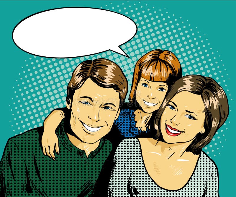 Familia feliz con el cabrito Vector el ejemplo en estilo cómico retro del arte pop stock de ilustración Familia feliz con el cabrito Vector el ejemplo en estilo cómico retro del arte pop stock de ilustración