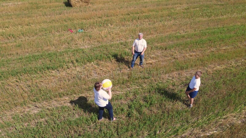 Familia feliz divertiéndose jugando bola al aire libre vista aérea. almacen de video