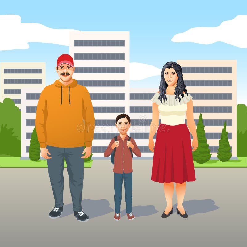 Familia Latino joven amistosa feliz con la madre, el padre y su hijo joven libre illustration Familia Latino joven amistosa feliz con la madre, el padre y su hijo joven libre illustration