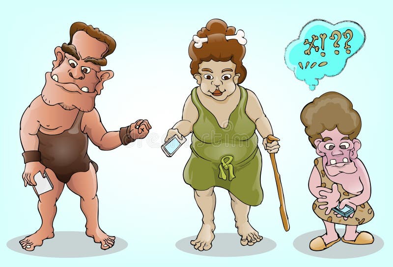 Familia prehistórica y tecnología moderna ilustración del vector Familia prehistórica y tecnología moderna ilustración del vector