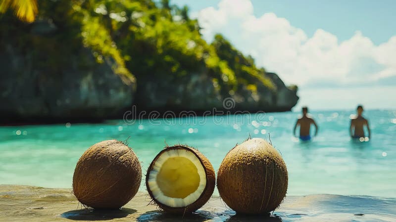 Familia que disfruta de cocos frescos en una isla tropical en un clima soleado y luminoso ilustración del vector