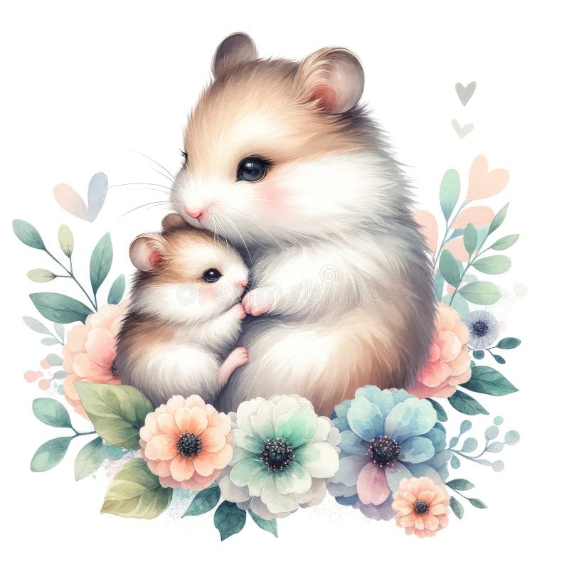 Familie adorabilă de hamsteri : o scenă îndurerată a iubirii părintești printre flori vector illustration