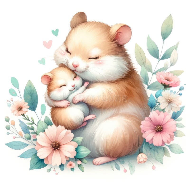 Familie adorabilă de hamsteri : o scenă îndurerată a iubirii părintești printre flori stock illustration