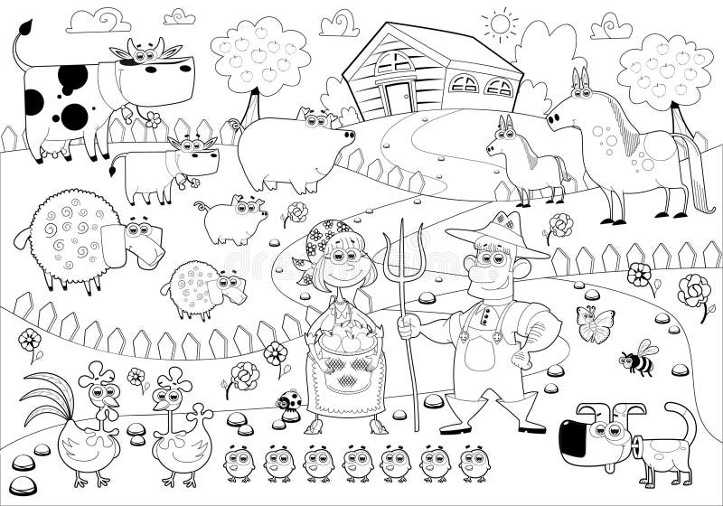 Funny farm family in black and white. Cartoon vector illustration. Funny farm family in black and white. Cartoon vector illustration.