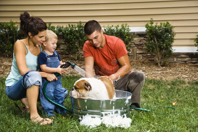 Familie die hond een bad geeft. stock afbeelding Familie die hond een bad geeft. stock afbeelding