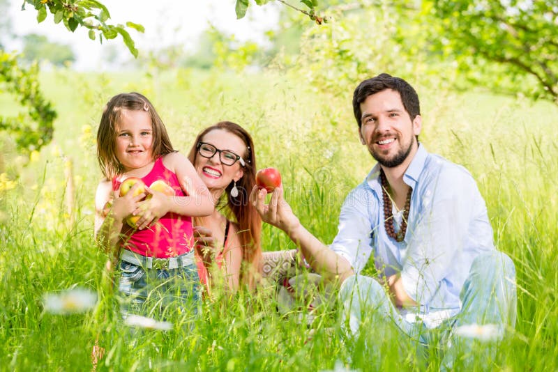 Familie, die Picknick auf Wiese mit gesunder Frucht hat lizenzfreies stockfoto Familie, die Picknick auf Wiese mit gesunder Frucht hat lizenzfreies stockfoto