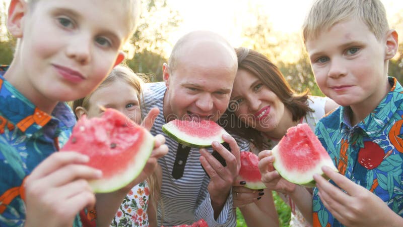 Familie fericită la picnic mâncând pepene stock video