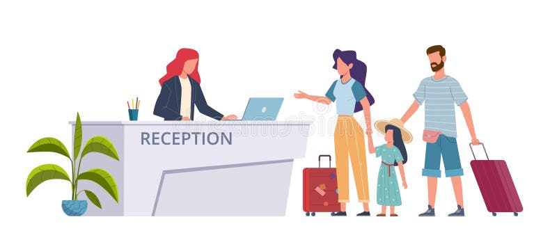 Family at hotel reception. Check into hostel tourists, guests with suitcases, registration service. Woman man and child with luggage booking room. Travellers in lobby vector flat cartoon concept. Family at hotel reception. Check into hostel tourists, guests with suitcases, registration service. Woman man and child with luggage booking room. Travellers in lobby vector flat cartoon concept