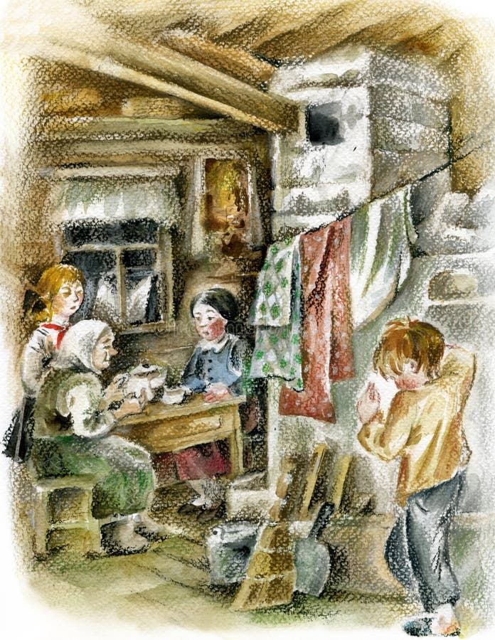 Family in peasant russian interior with stove. Family in peasant russian interior with stove