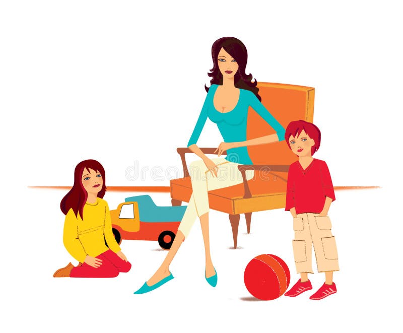 Familie Kinderen - een jongen en een meisje dichtbij een jonge vrouwenzitting als voorzitter Stuk speelgoed vrachtwagen en een ba vector illustratie Familie Kinderen - een jongen en een meisje dichtbij een jonge vrouwenzitting als voorzitter Stuk speelgoed vrachtwagen en een ba vector illustratie