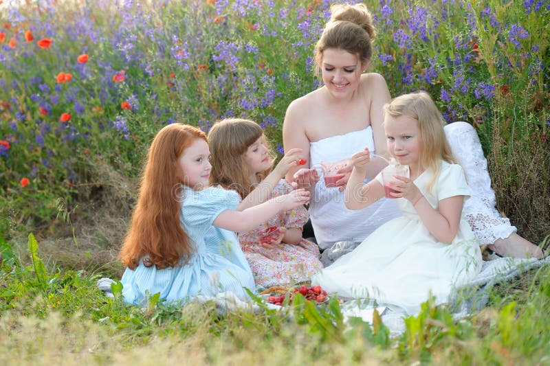Familie met kinderen die van picknick in openlucht genieten stock afbeeldingen Familie met kinderen die van picknick in openlucht genieten stock afbeeldingen