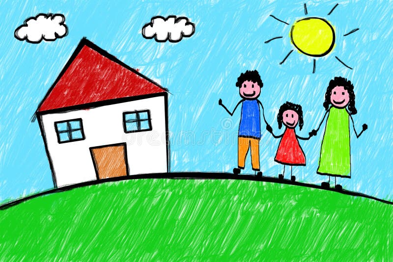 tinte, - Familien-Haus-freihändige Abbildung Illustration 35043512 kunst: Stock von Kinderzeichnung