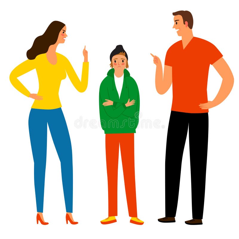 Family conflict. Angry parents shout on each other in front of sad teenager. Cartoon illustration for your design. Family conflict. Angry parents shout on each other in front of sad teenager. Cartoon illustration for your design