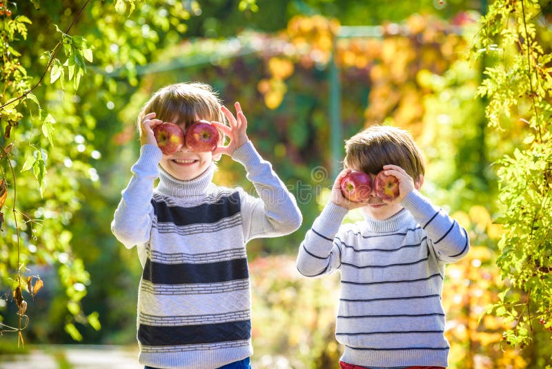 Familienspaß während der Erntezeit auf einem Bauernhof Kinder, die im Herbstgarten spielen lizenzfreie stockfotografie Familienspaß während der Erntezeit auf einem Bauernhof Kinder, die im Herbstgarten spielen lizenzfreie stockfotografie