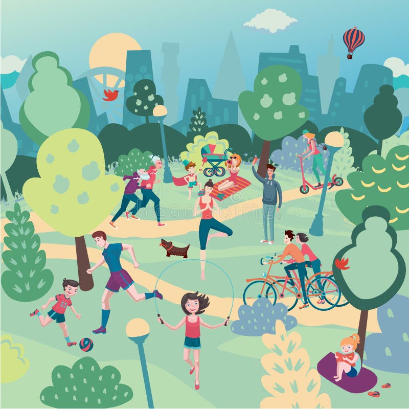 Familienurlaub auf Natur Aerialview des Stadtparks mit Leuten Sommersport und panoramische Landschaft der Erholung stock abbildung Familienurlaub auf Natur Aerialview des Stadtparks mit Leuten Sommersport und panoramische Landschaft der Erholung stock abbildung