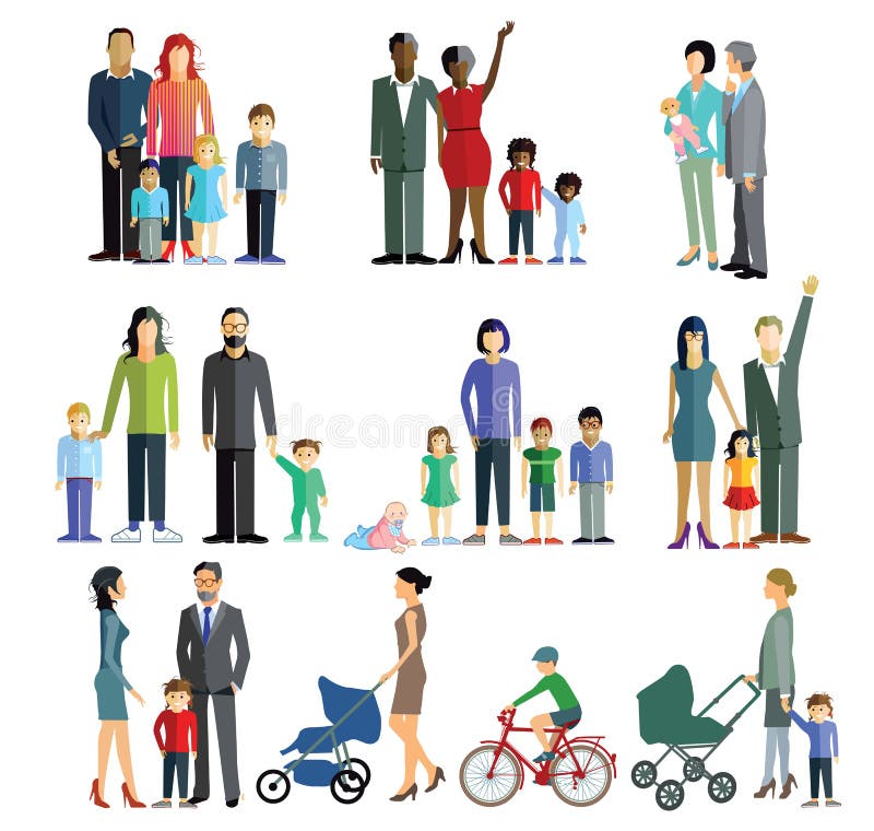 Illustrations of diverse parents and children on white background. Illustrations of diverse parents and children on white background.