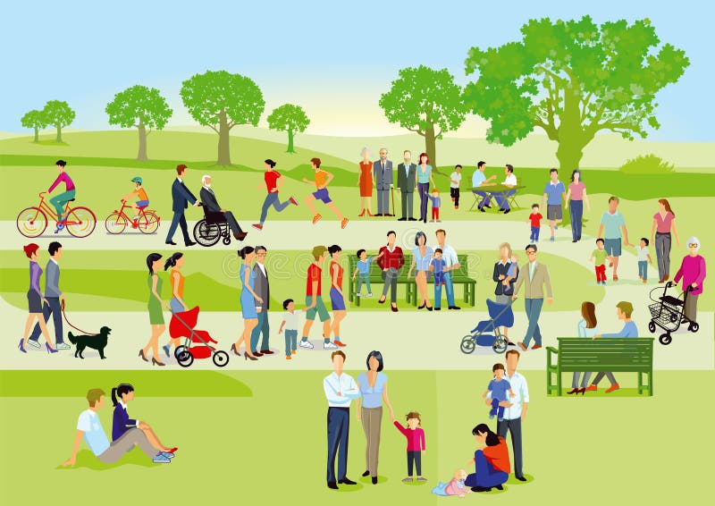 Colorful illustration of families participating in different activities in a park setting. Colorful illustration of families participating in different activities in a park setting.