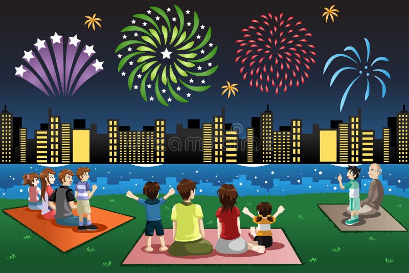 A vector illustration of families watching fireworks in a park