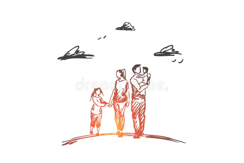 Familietijd, ouders, kinderen, vrije tijdsconcept Hand getrokken geïsoleerde vector stock illustratie Familietijd, ouders, kinderen, vrije tijdsconcept Hand getrokken geïsoleerde vector stock illustratie
