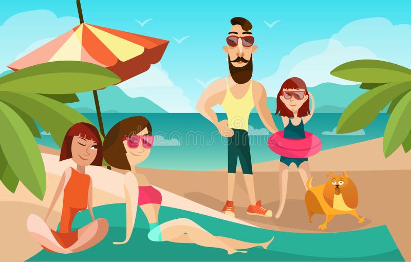 Familj på en illustration för strandtecknad filmvektor Affisch för begrepp för sommarsemester i tecknad filmstil Folktecken och stock illustrationer Familj på en illustration för strandtecknad filmvektor Affisch för begrepp för sommarsemester i tecknad filmstil Folktecken och stock illustrationer