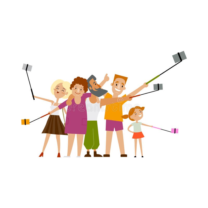 Familjemedlemmar, föräldrar och barn gör selfie stock illustrationer Familjemedlemmar, föräldrar och barn gör selfie stock illustrationer