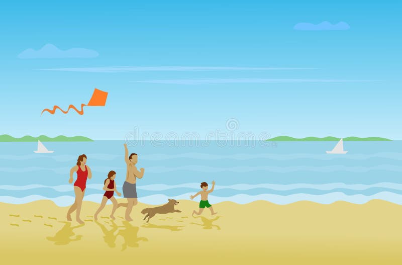 Familjen föräldrar, flickor, pojkar kör på stranden på en lycklig ferie royaltyfri illustrationer Familjen föräldrar, flickor, pojkar kör på stranden på en lycklig ferie royaltyfri illustrationer