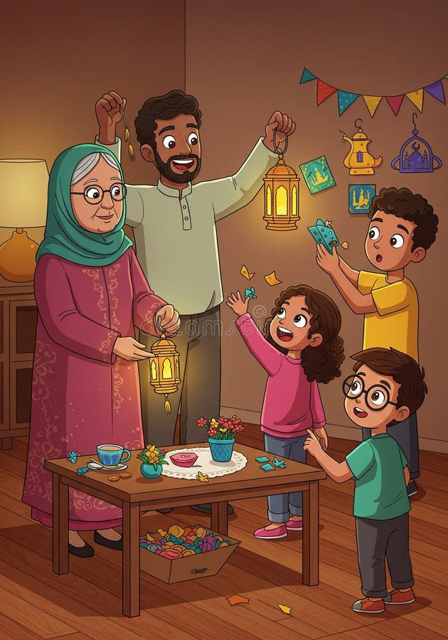 Familjescenen med en äldre kvinna, en man och tre barn som firar inomhus. Den royaltyfri illustrationer