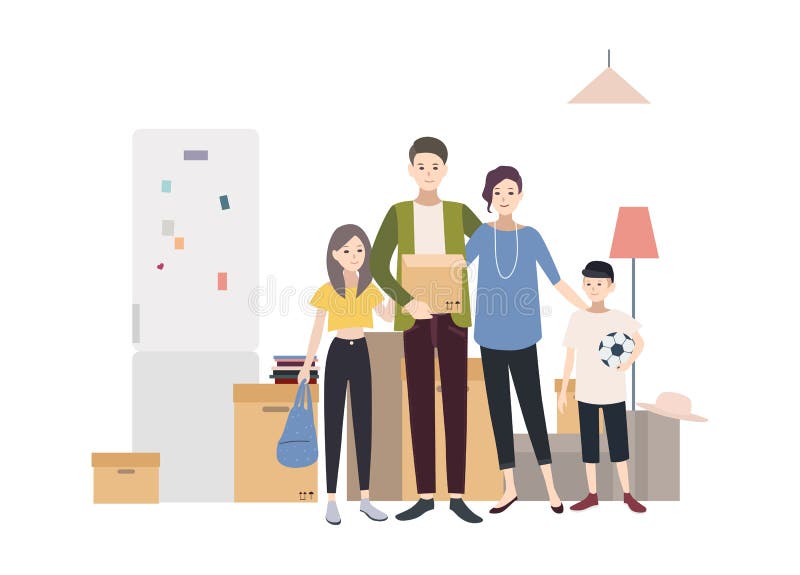 Familjflyttning in i ett nytt hus med saker Tecknad filmillustration i plan stil royaltyfri illustrationer Familjflyttning in i ett nytt hus med saker Tecknad filmillustration i plan stil royaltyfri illustrationer