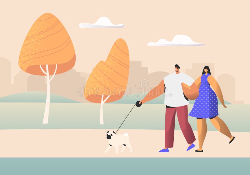 Familjpar av ungdomartecken som går med staden för husdjuret, parkerar offentligt på sommar Tid Mannen och kvinnan går med hunden vektor illustrationer Familjpar av ungdomartecken som går med staden för husdjuret, parkerar offentligt på sommar Tid Mannen och kvinnan går med hunden vektor illustrationer