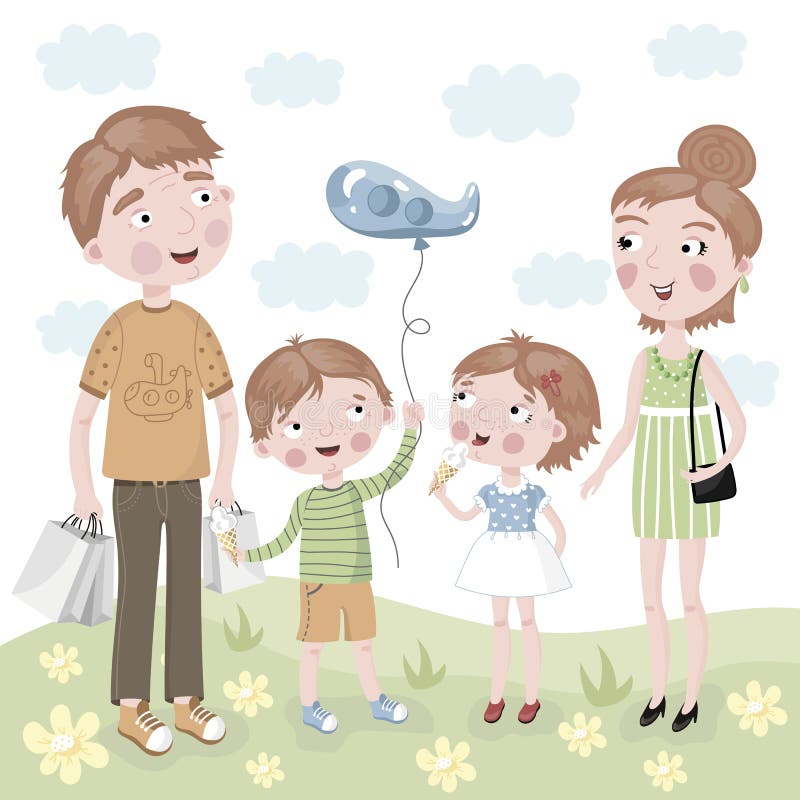 Familjshopping i tecknad filmstil royaltyfri illustrationer Familjshopping i tecknad filmstil royaltyfri illustrationer