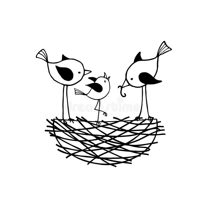 Family of birds in the nest, the parents feed their nestling. Contour Vector illustration. Family of birds in the nest, the parents feed their nestling. Contour Vector illustration.