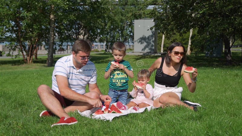 Famille des quatre jeunes mangeant de la pastèque en plein air banque de vidéos