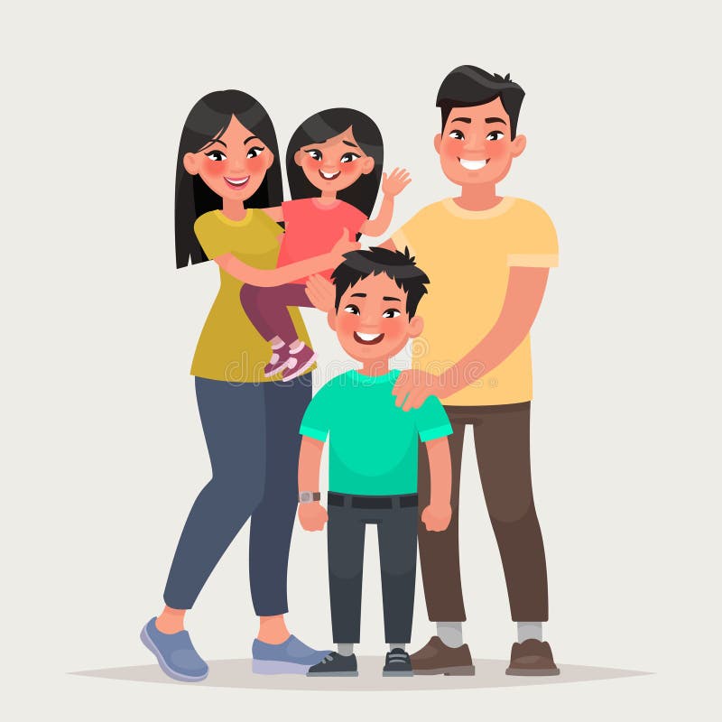 Famille heureuse asiatique Papa, maman, fille et fils ensemble Vecteur