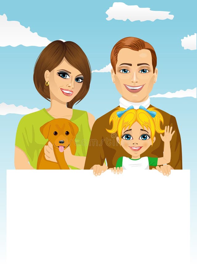Famille heureuse avec le chien tenant un panneau d'affichage vide blanc illustration libre de droits Famille heureuse avec le chien tenant un panneau d'affichage vide blanc illustration libre de droits