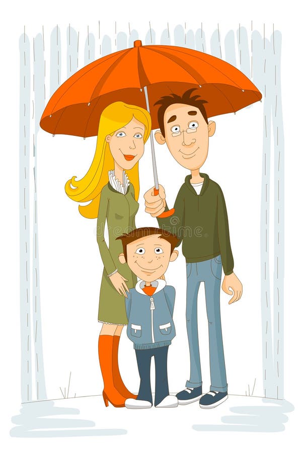 Famille heureuse avec le parapluie sous la pluie illustration stock Famille heureuse avec le parapluie sous la pluie illustration stock