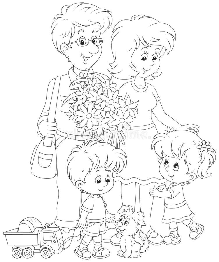 Black and white vector illustration of a mother, a father, their little children and a small pup. Black and white vector illustration of a mother, a father, their little children and a small pup