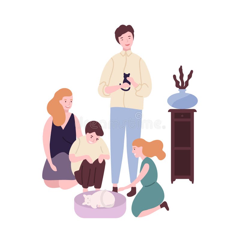 Famille heureuse passant le temps ensemble Maman, papa, fils drôle et fille prenant le soin au sujet du chat et du chaton Parents illustration libre de droits Famille heureuse passant le temps ensemble Maman, papa, fils drôle et fille prenant le soin au sujet du chat et du chaton Parents illustration libre de droits