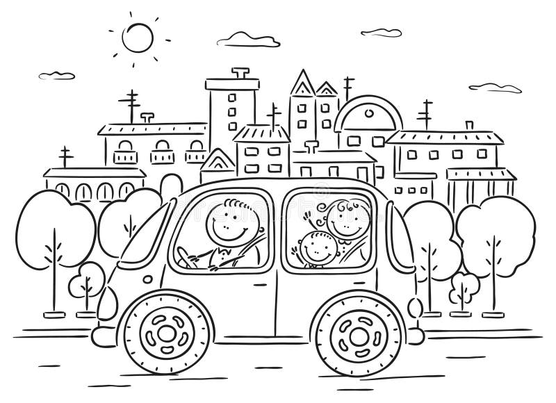 Famille heureuse voyageant par noir et blanc automobile illustration stock Famille heureuse voyageant par noir et blanc automobile illustration stock