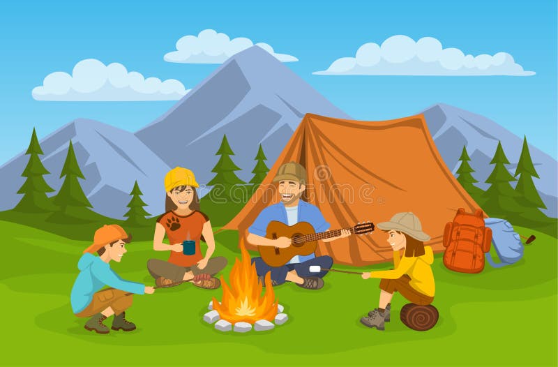 Famille s'asseyant autour du feu de camp et de la tente camper augmentant le voyage d'aventure illustration de vecteur Famille s'asseyant autour du feu de camp et de la tente camper augmentant le voyage d'aventure illustration de vecteur