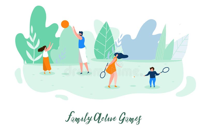 Family Active Games Flat Vector Banner or Poster with Parents Playing Ball and Badminton with Children on Green Meadow in Park Illustration. Outdoor Activity, Healthy Lifestyle, Summer Leisure Concept. Family Active Games Flat Vector Banner or Poster with Parents Playing Ball and Badminton with Children on Green Meadow in Park Illustration. Outdoor Activity, Healthy Lifestyle, Summer Leisure Concept