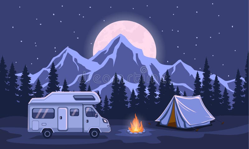 Family Adventure Camping Night Evening Scene. royalty free illustration