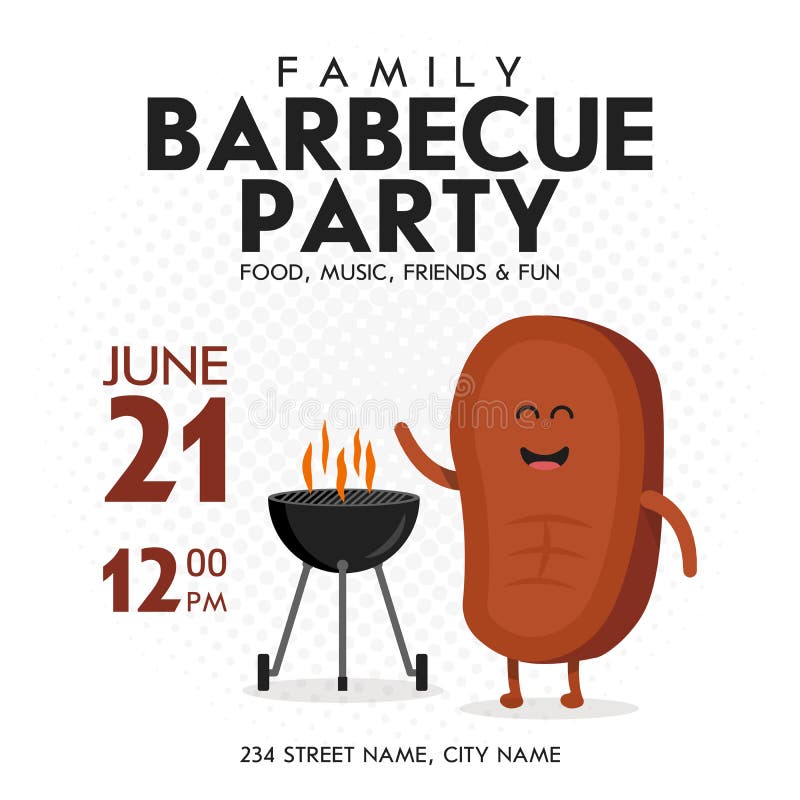 Family BBQ Party Invitation Template. Cute Steak Character Barbecue Time. Retro Background Vector Illustration vector illustration Family BBQ Party Invitation Template. Cute Steak Character Barbecue Time. Retro Background Vector Illustration vector illustration