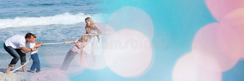 Digital composite of Family at beach doing tug of war with blue and pink bokeh transition