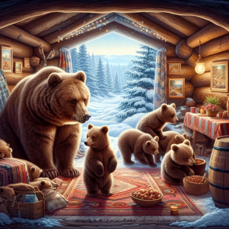 A Family of Brown Bears Preparing for Hibernation in Their Den, Snow
