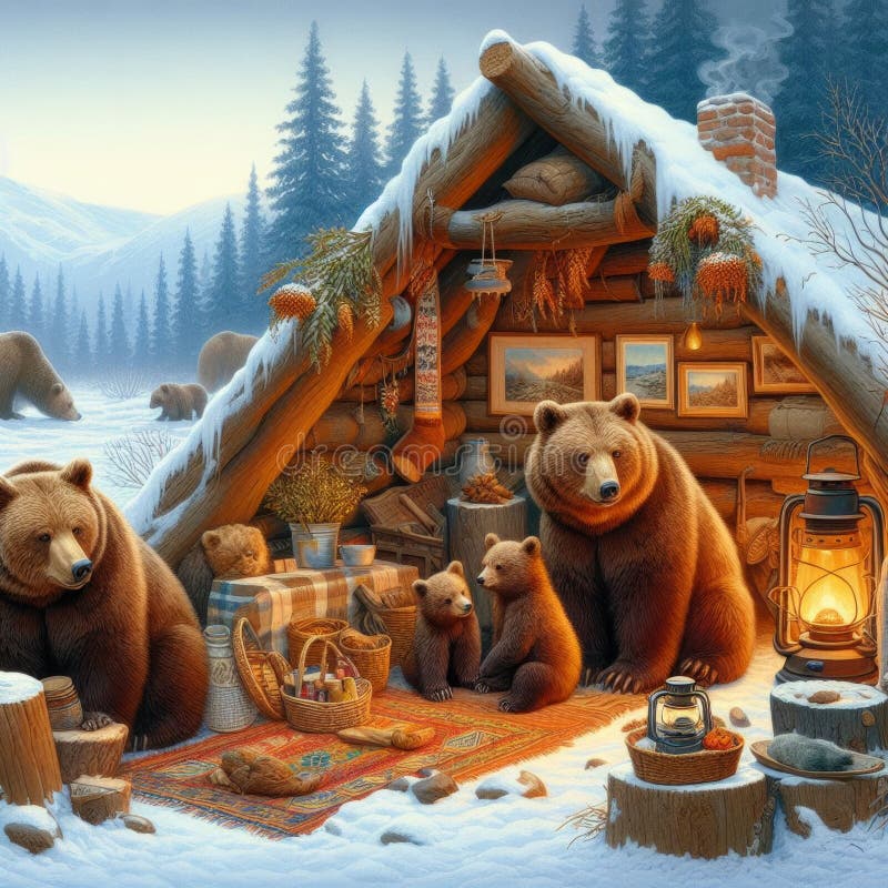 A Family of Brown Bears Preparing for Hibernation in Their Den, Snow