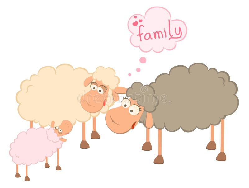 Family of cartoon sheep on landscape background. Sweet lamb cartoon vectors